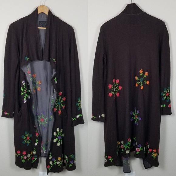 Biya Johnny Was Brown Floral Embroidered Waterfall Long Brown Cardigan Size M - Picture 12 of 15
